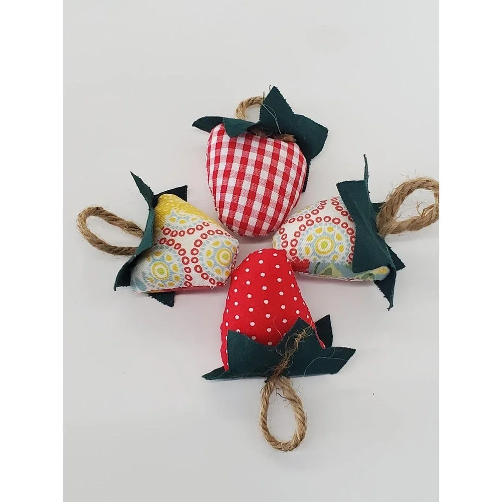 Handmade Fabric Strawberry Ornaments Set of 4 Rustic Farmhouse Decor Red Gingham